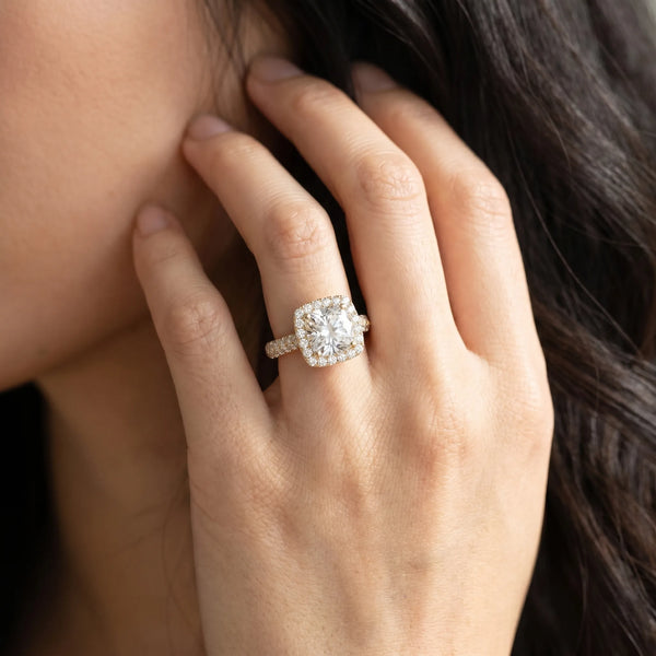 Yellow gold Cushion Halo Pave Band Prong Setting Ring