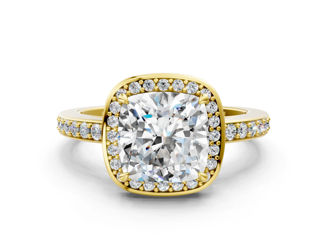 Yellow gold Cushion Halo Pave Band Solitaire Ring with Prong Setting_65