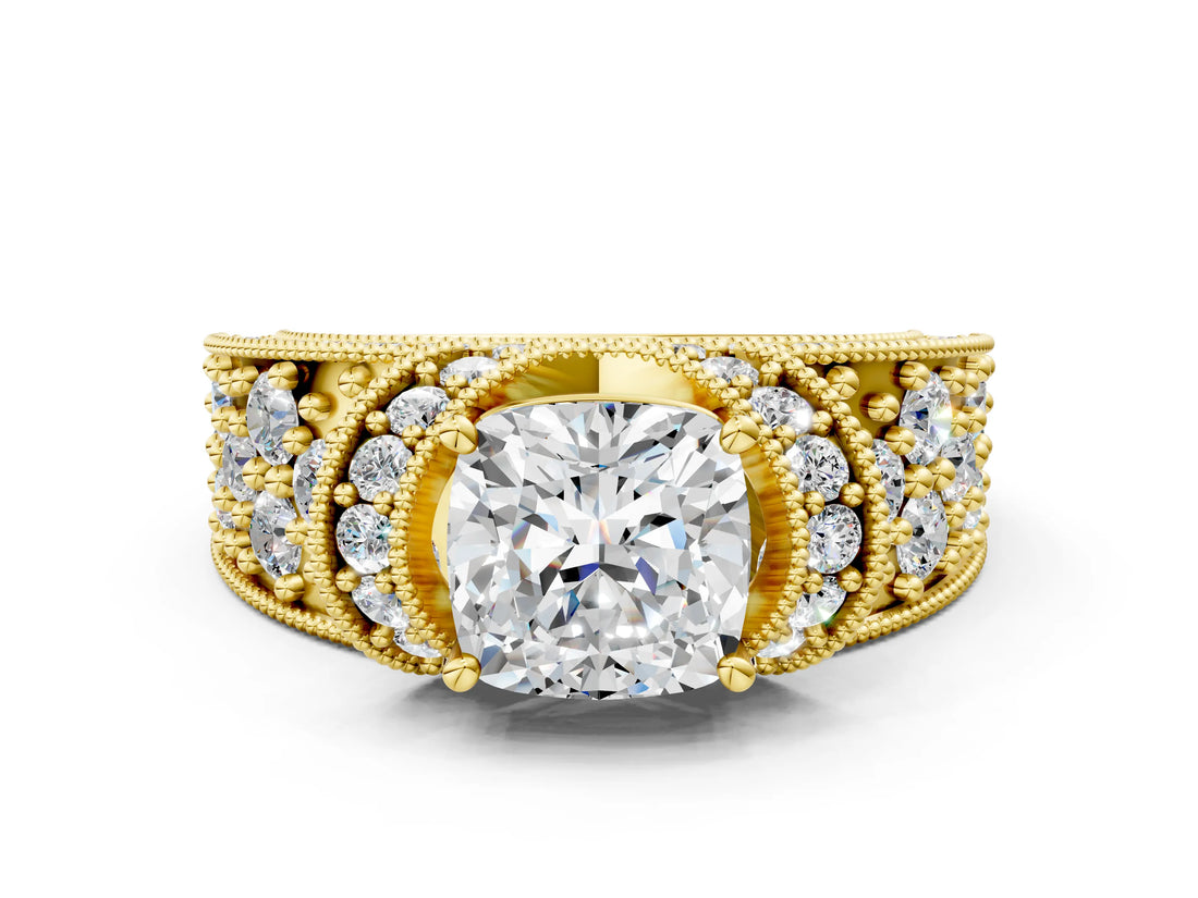Yellow gold Cushion Halo Pave Diamond Engagement Ring with Milgrain Detailing_49