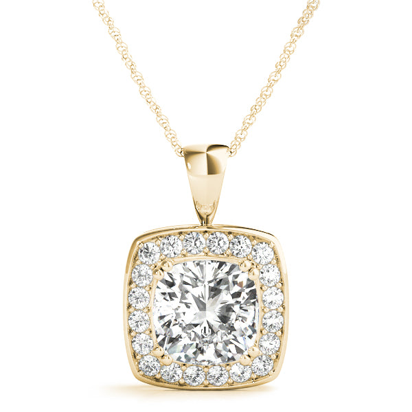 Yellow gold Cushion Halo Pendant with Round Diamond and Four-Prong Setting