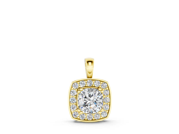 Yellow gold Cushion Halo Pendant with Round Diamond and Four-Prong Setting