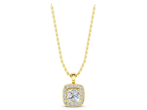 Yellow gold Cushion Halo Pendant with Round Diamond and Four-Prong Setting