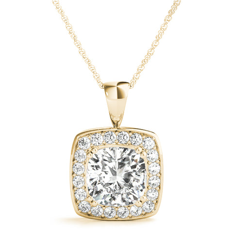 Yellow gold Cushion Halo Pendant with Round Diamond and Four-Prong Setting