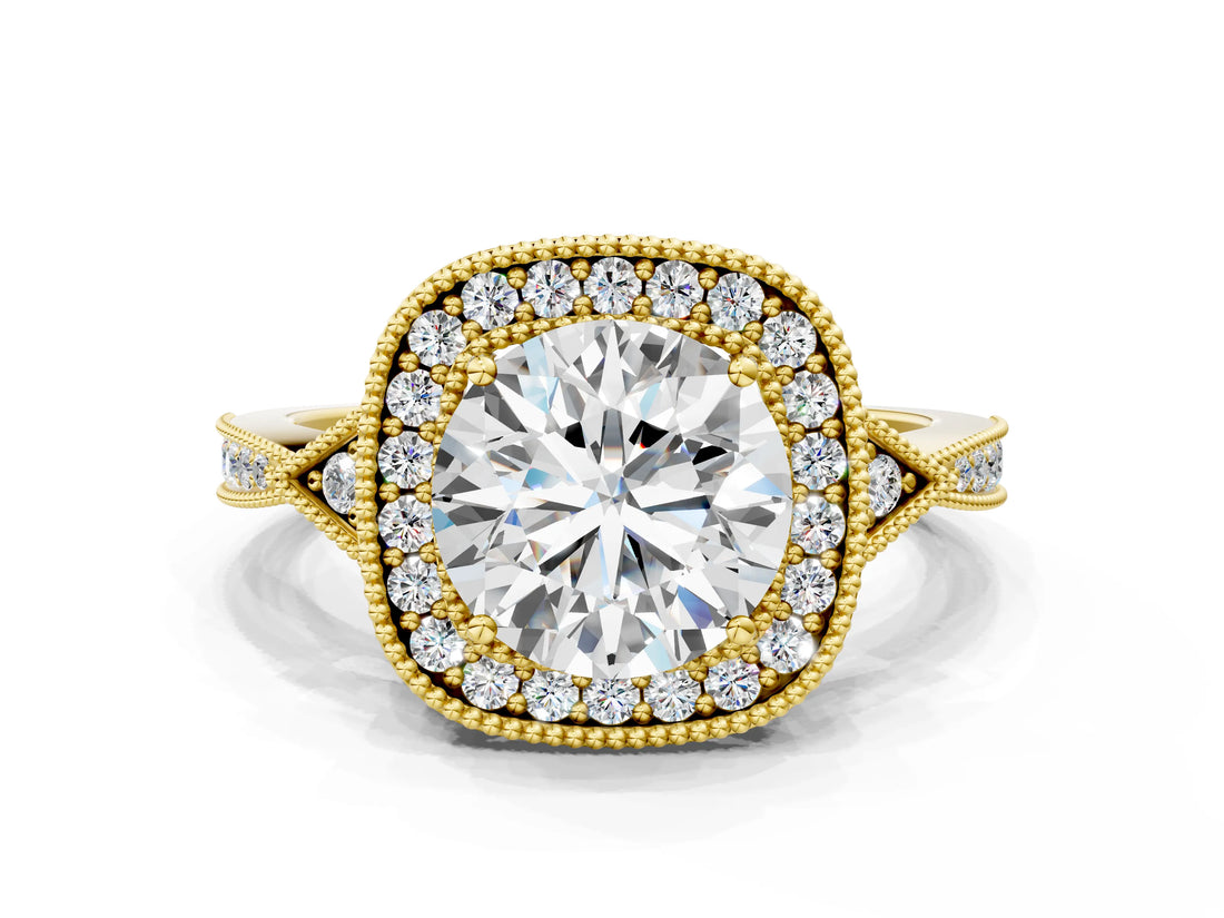 Yellow gold Cushion Halo Round Diamond Milgrain Pave Engagement Ring_12