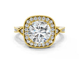 Yellow gold Cushion Halo Round Diamond Milgrain Pave Engagement Ring_12