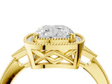 Yellow gold Cushion Halo Round Diamond Milgrain Pave Engagement Ring_13