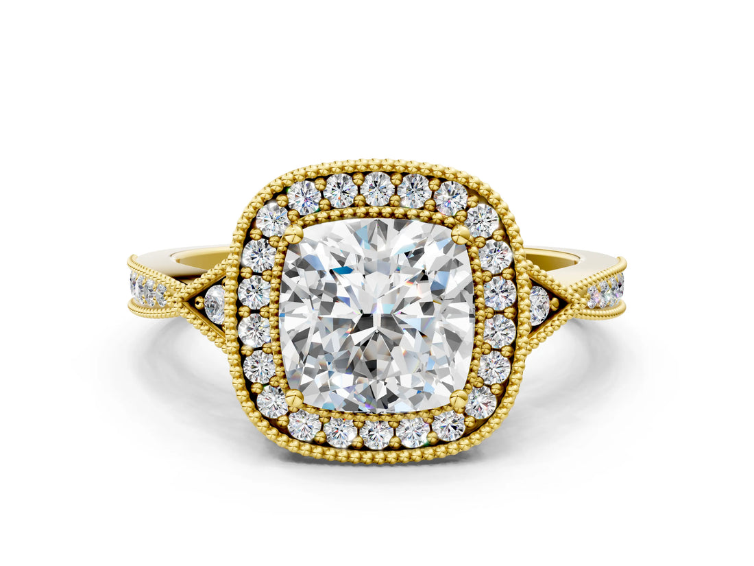 Yellow gold Cushion Halo Round Diamond Milgrain Pave Engagement Ring_9