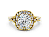 Yellow gold Cushion Halo Round Diamond Milgrain Pave Engagement Ring_9