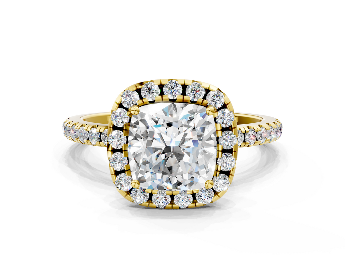 Yellow gold Cushion Halo Round Diamond Pavé Band Four-Prong Ring_3