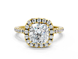 Yellow gold Cushion Halo Round Diamond Pavé Band Four-Prong Ring_3