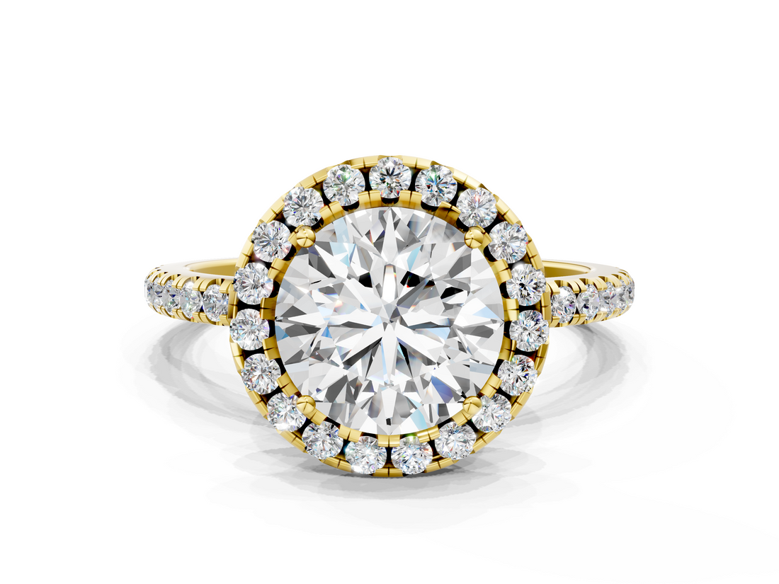 Yellow gold Cushion Halo Round Diamond Pavé Band Four-Prong Ring_6