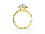 Yellow gold Cushion Halo Round Diamond Pavé Band Four-Prong Ring_9