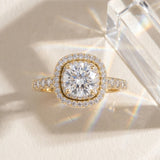 Yellow gold Cushion Halo Round Diamond Pavé Band Ring with Four-Prong Setting_11