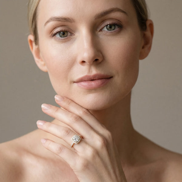 Yellow gold Cushion Halo Round Diamond Pavé Band Ring with Four-Prong Setting