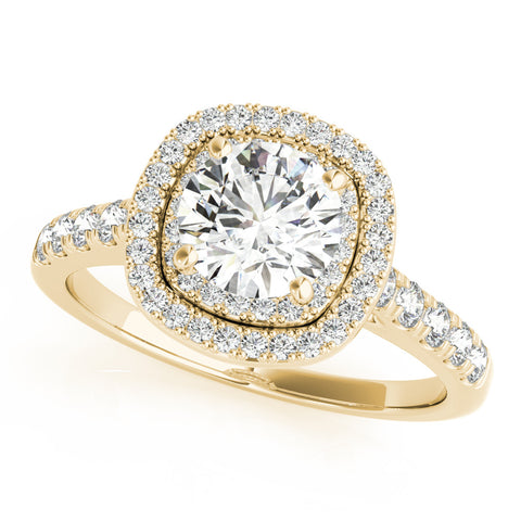 Yellow gold Cushion Halo Round Diamond Pavé Band Ring with Four-Prong Setting