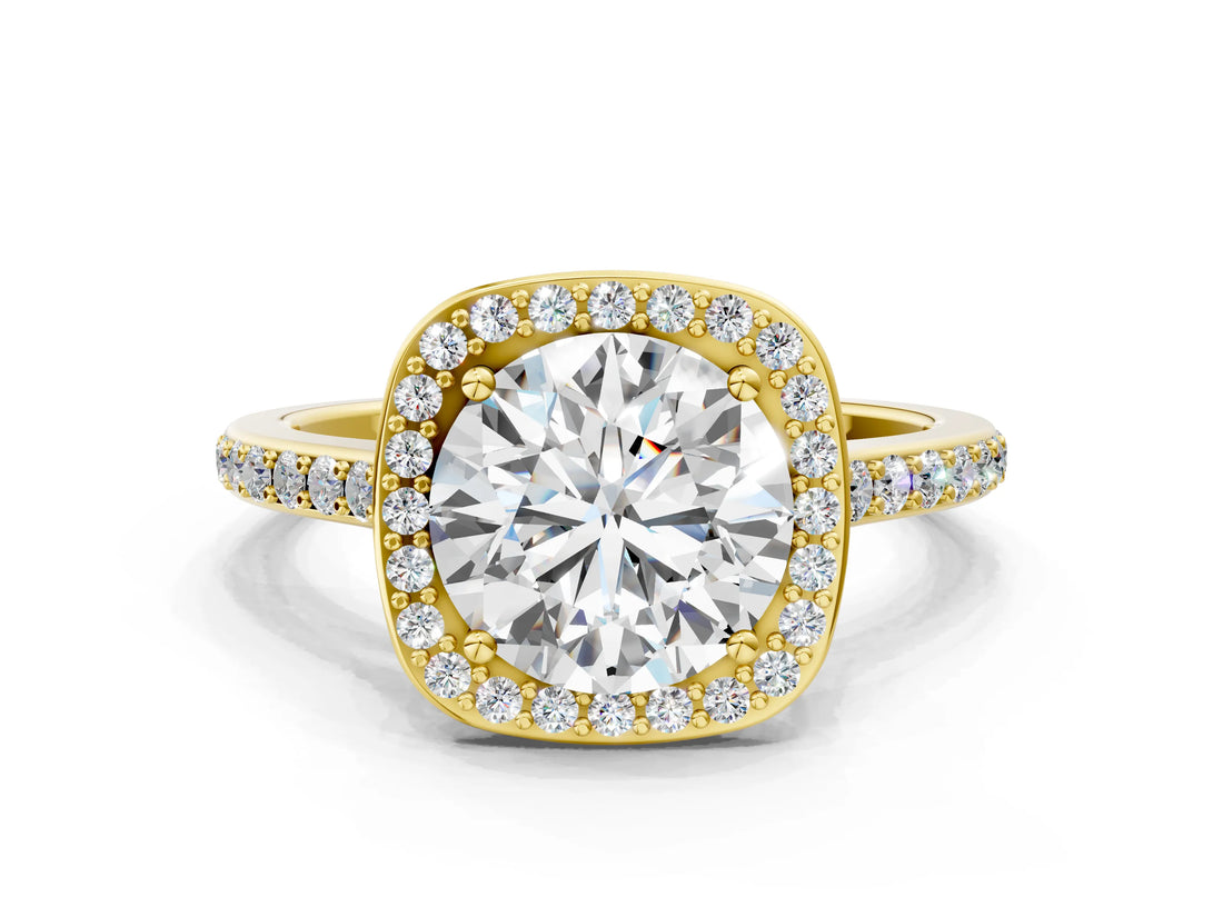 Yellow gold Cushion Halo Round Diamond Pavé Band with Four-Prong Setting_6