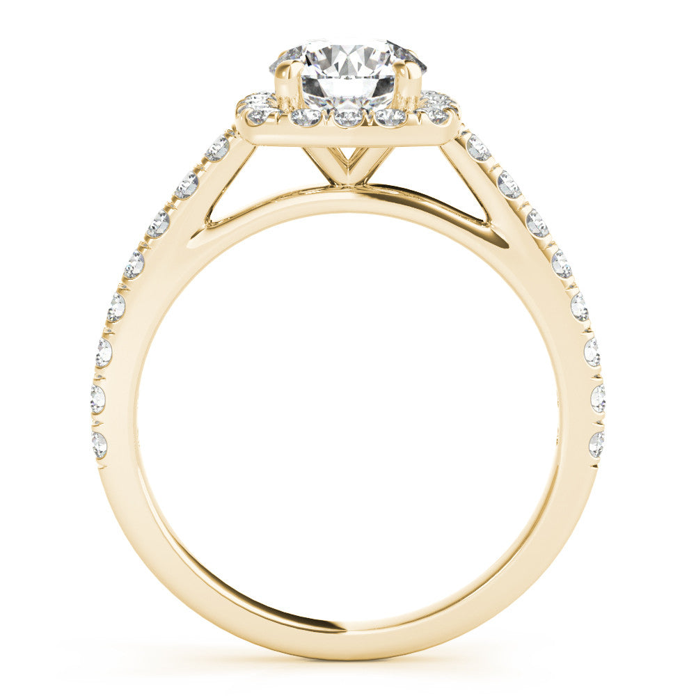Yellow gold Cushion Halo Round Diamond Pave Band Four-Prong Ring 1
