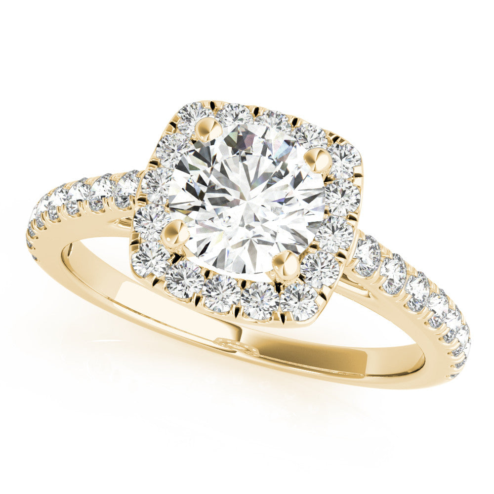 Yellow gold Cushion Halo Round Diamond Pave Band Four-Prong Ring