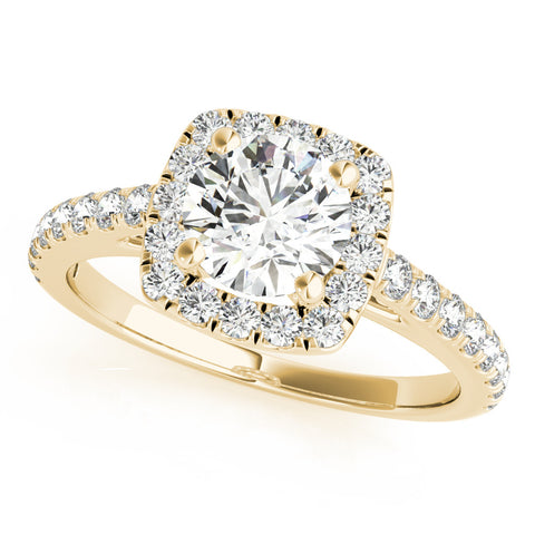 Yellow gold Cushion Halo Round Diamond Pave Band Four-Prong Ring