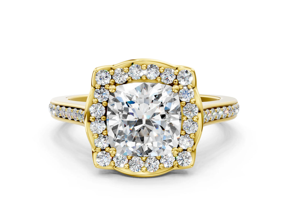 Yellow gold Cushion Halo Round Diamond Pave Band with Four-Prong Setting_38
