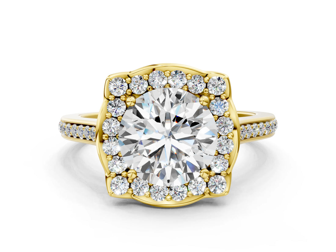Yellow gold Cushion Halo Round Diamond Pave Band with Four-Prong Setting_41