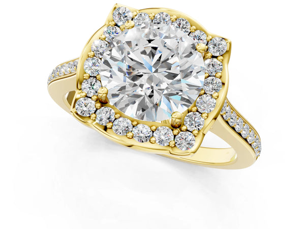Yellow Gold Round Petal-Tip Halo Pave Engagement Ring Setting