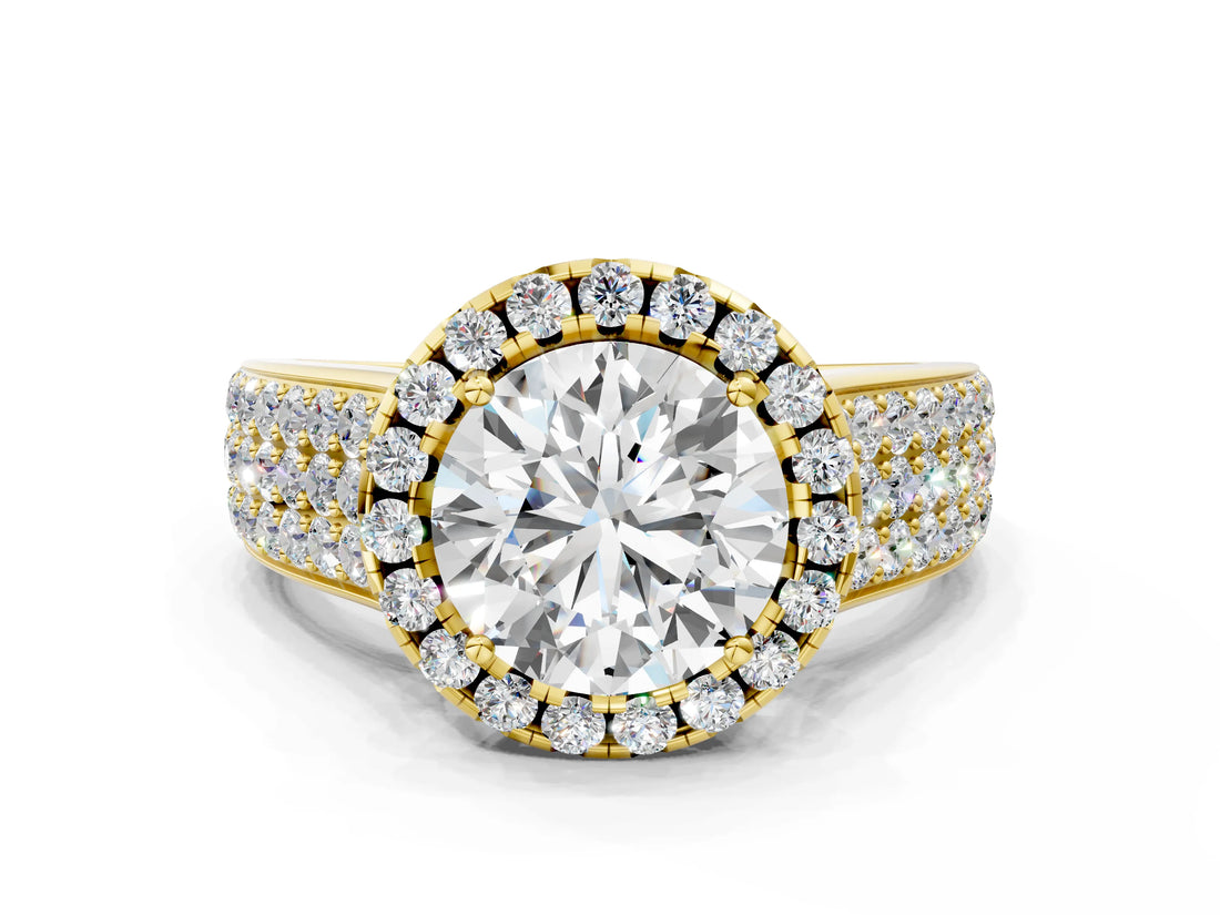 Yellow gold Cushion Halo Round Diamond Pave Band with Prong Setting