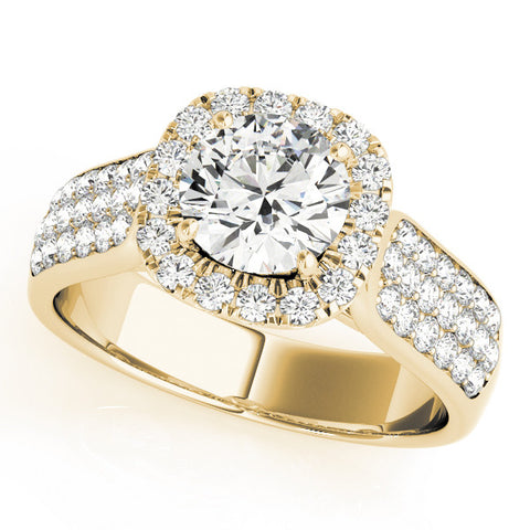 Yellow gold Cushion Halo Round Diamond Pave Band with Prong Setting