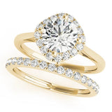 Yellow gold Cushion Halo Round Diamond Solitaire Engagement Ring with Pave Band and Four-Prong Setting 1