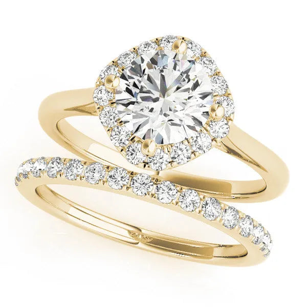 Yellow gold Emerald Cut Halo Round Diamond Solitaire Engagement Ring with Pave Band and Four-Prong Setting