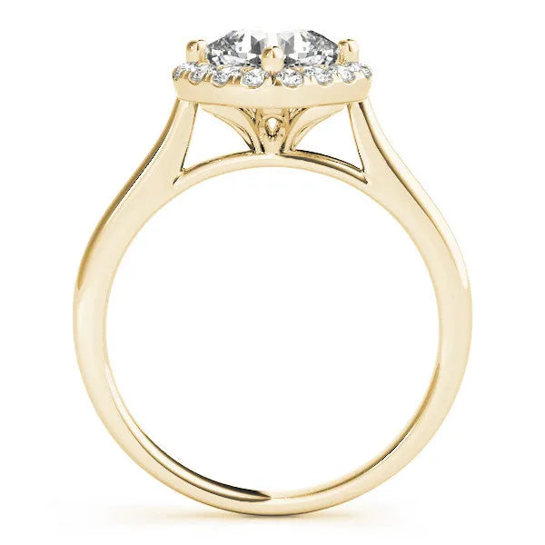 Yellow gold Emerald Cut Halo Round Diamond Solitaire Engagement Ring with Pave Band and Four-Prong Setting