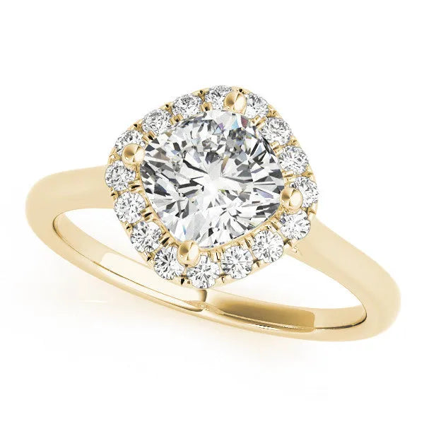 Yellow gold Emerald Cut Halo Round Diamond Solitaire Engagement Ring with Pave Band and Four-Prong Setting