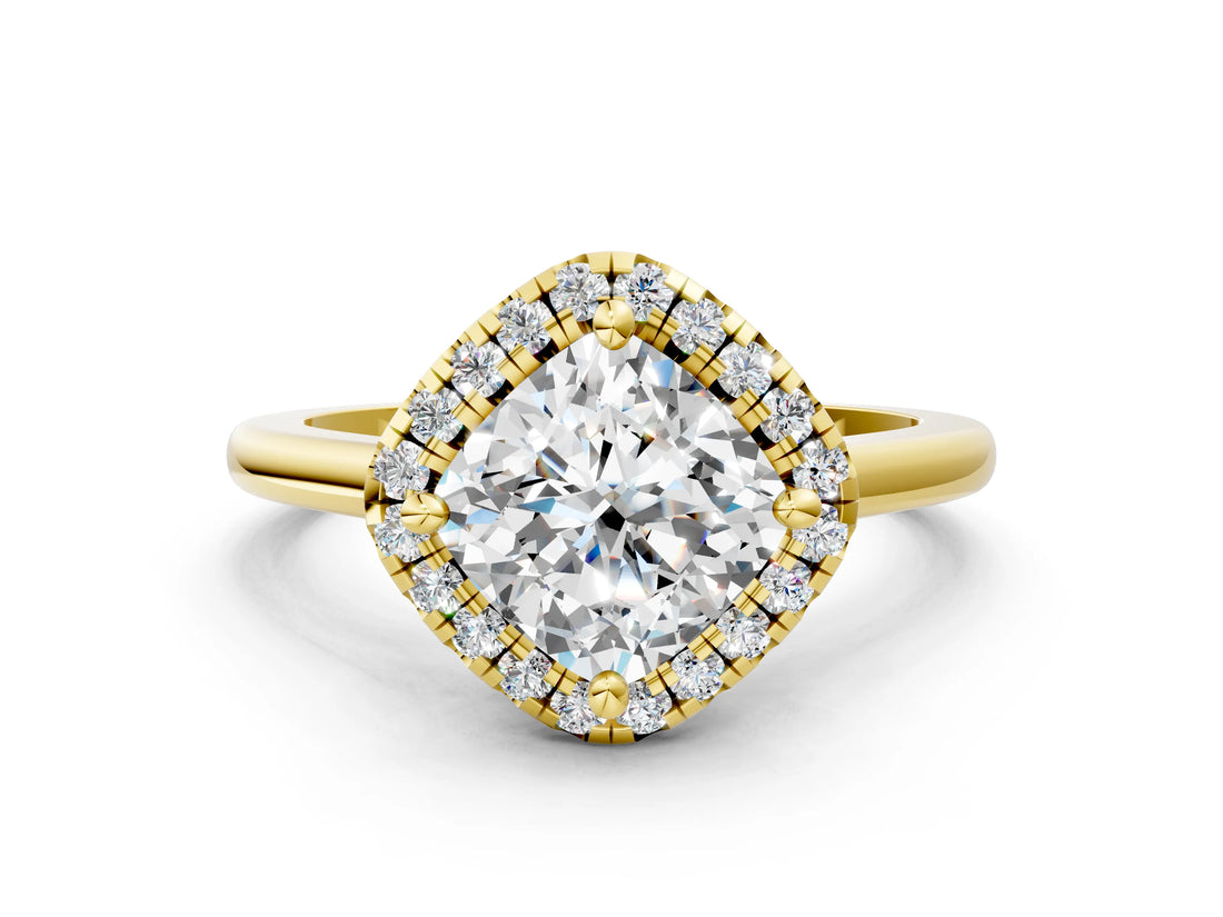 Yellow gold Cushion Halo Round Diamond Solitaire Engagement Ring with Pave Band and Four-Prong Setting_18
