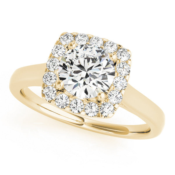 Yellow gold Cushion Halo Round Diamond Solitaire Ring with Pavé Band and Four-Prong Setting