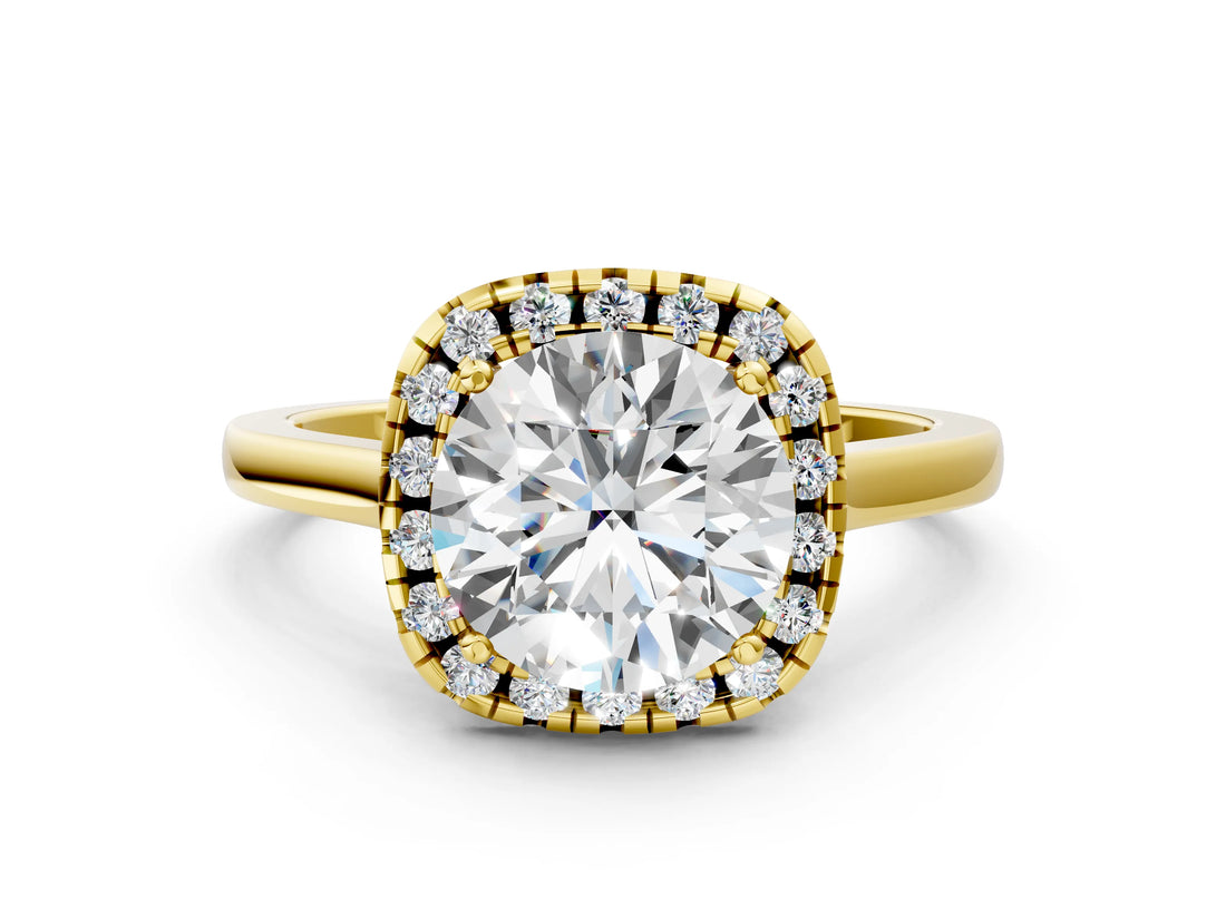 Yellow gold Cushion Halo Round Diamond Solitaire Ring with Pavé Band and Four-Prong Setting_6