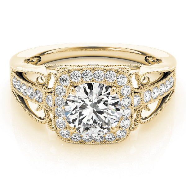 Yellow gold Cushion Halo Round Diamond Split Shank Milgrain Ring 1