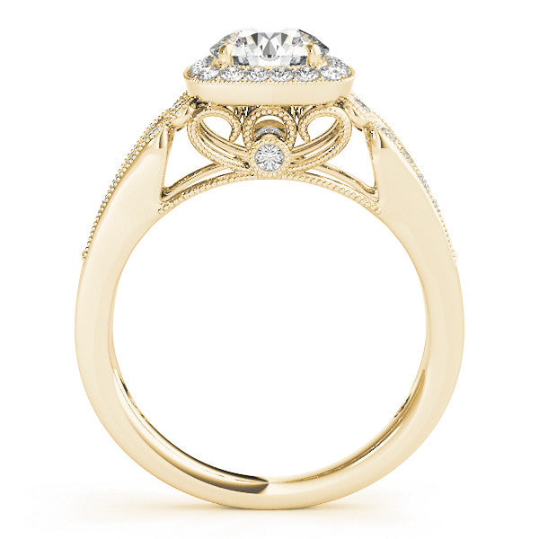 Yellow gold Cushion Halo Round Diamond Split Shank Milgrain Ring 2