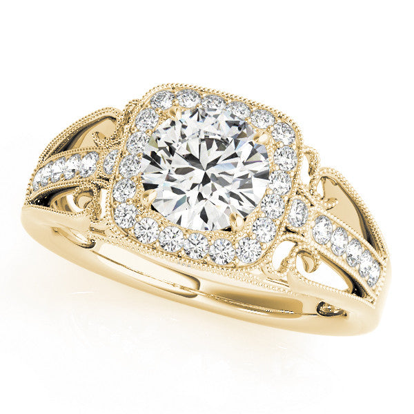 Yellow gold Cushion Halo Round Diamond Split Shank Milgrain Ring