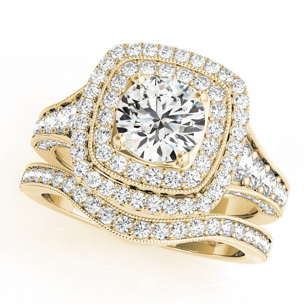 Yellow gold Cushion Halo Round Diamond Split Shank Prong Setting Ring 1