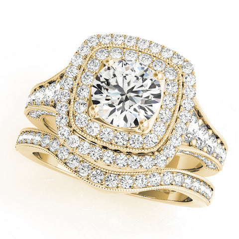 Yellow gold Cushion Halo Round Diamond Split Shank Prong Setting Ring 1