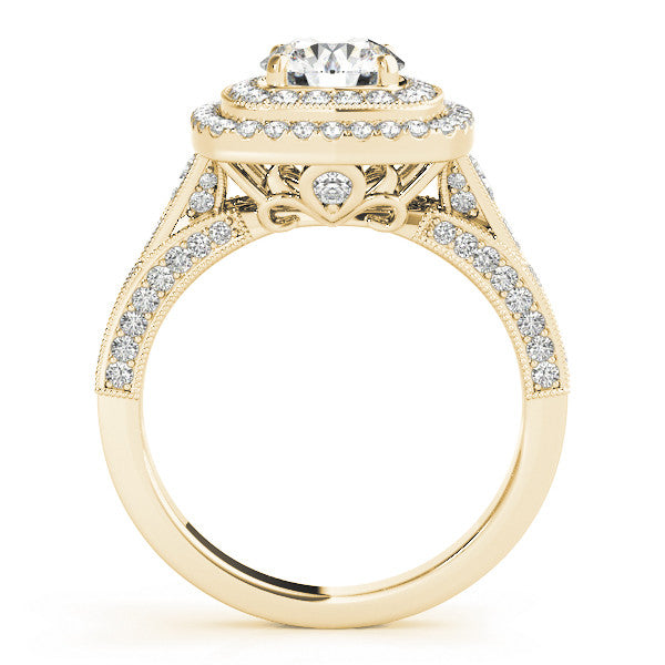 Yellow gold Cushion Halo Round Diamond Split Shank Prong Setting Ring 2