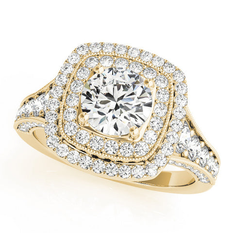 Yellow gold Cushion Halo Round Diamond Split Shank Prong Setting Ring