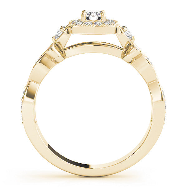 Yellow gold Cushion Halo Round Diamond Twisted Band Four-Prong Ring 2
