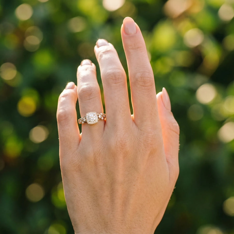 Yellow gold Cushion Halo Round Diamond Twisted Band Four-Prong Ring