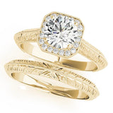 Yellow gold Cushion Halo Round Solitaire Milgrain Engagement Ring 1