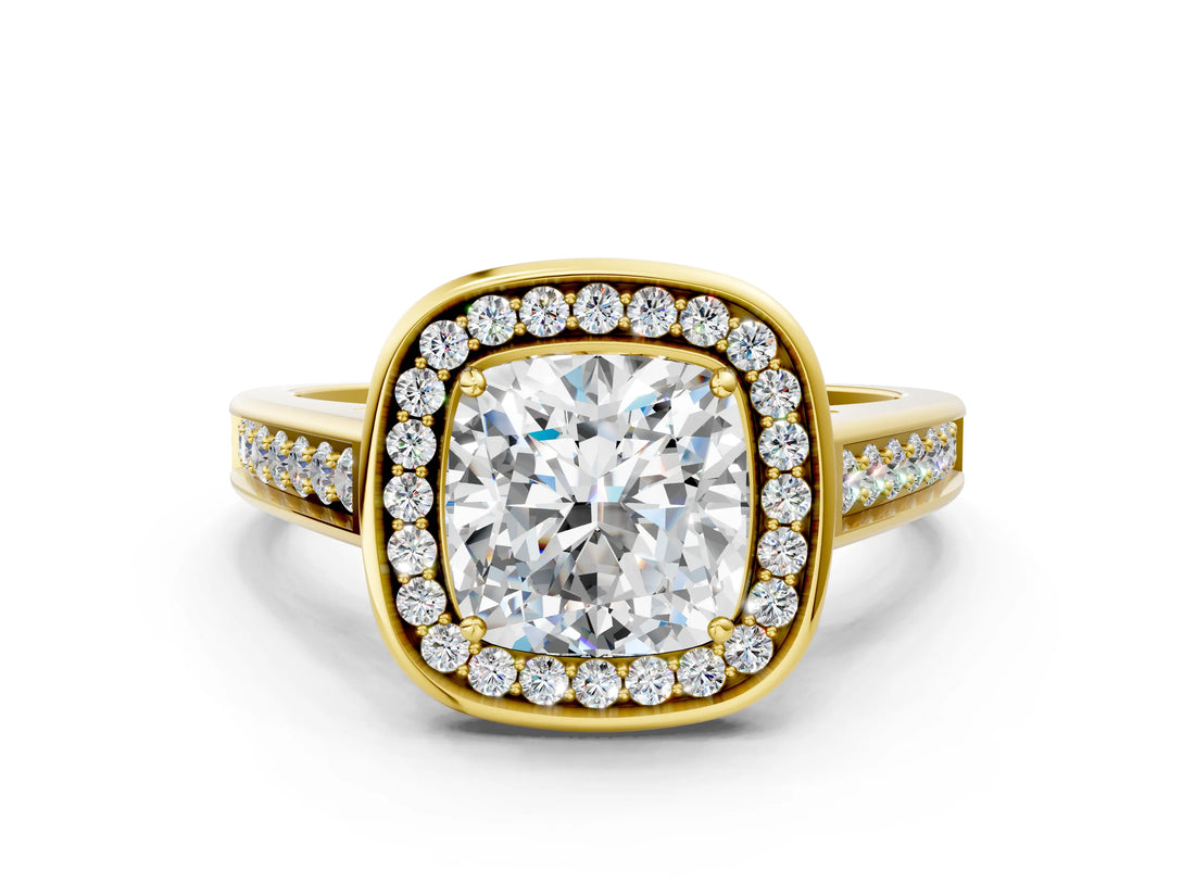 Yellow gold Cushion Halo Solitaire Diamond Ring with Pave Band and Bezel Setting_49
