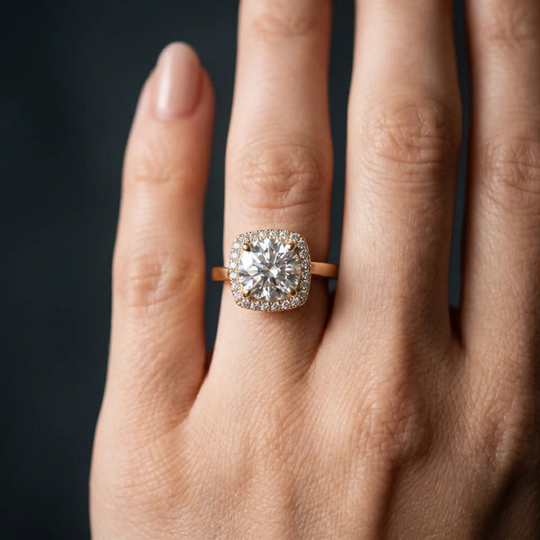 Yellow gold Cushion Halo Solitaire Engagement Ring with Round Diamond and Four-Prong Setting