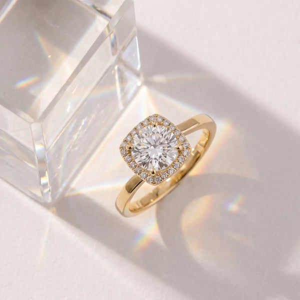 Yellow gold Cushion Halo Solitaire Engagement Ring with Round Diamond and Four-Prong Setting