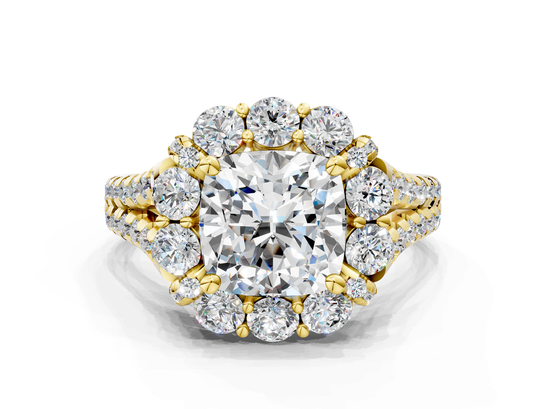 Yellow gold Cushion Halo Split Shank Diamond Engagement Ring with Pave Band and Four-Prong Setting_54