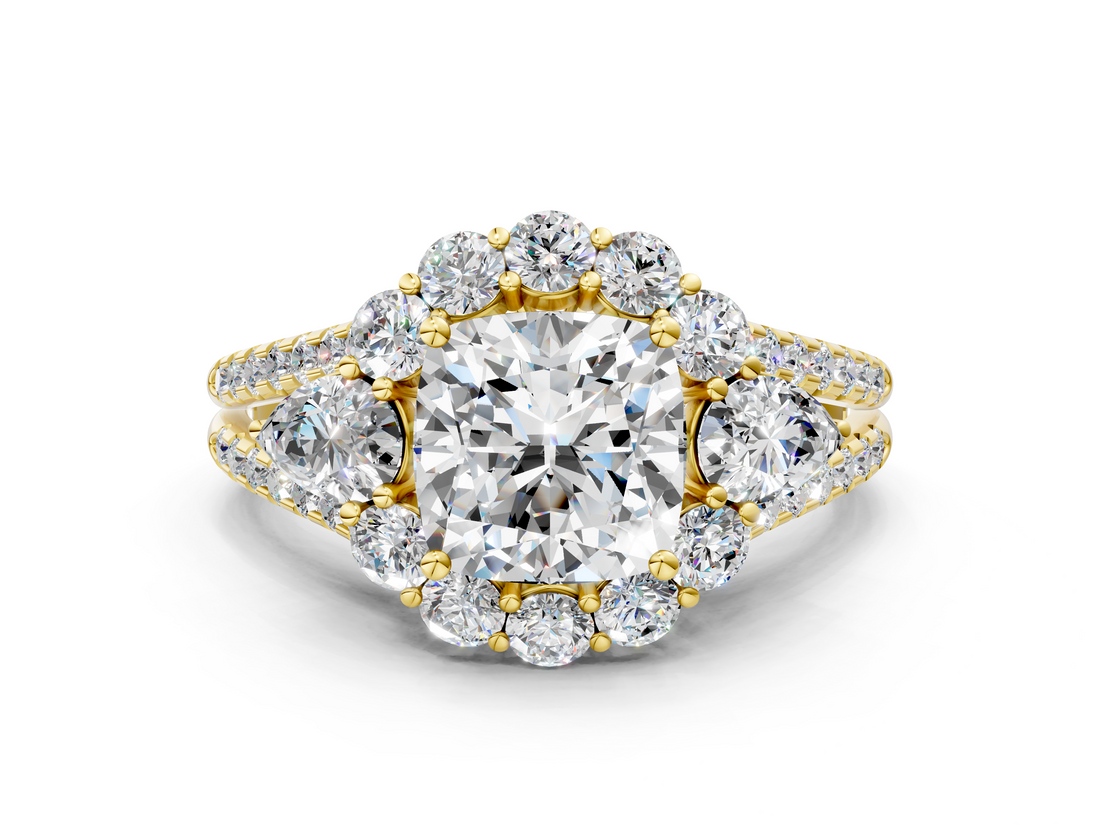 Yellow gold Cushion Halo Split Shank Diamond Engagement Ring with Prong Setting_19